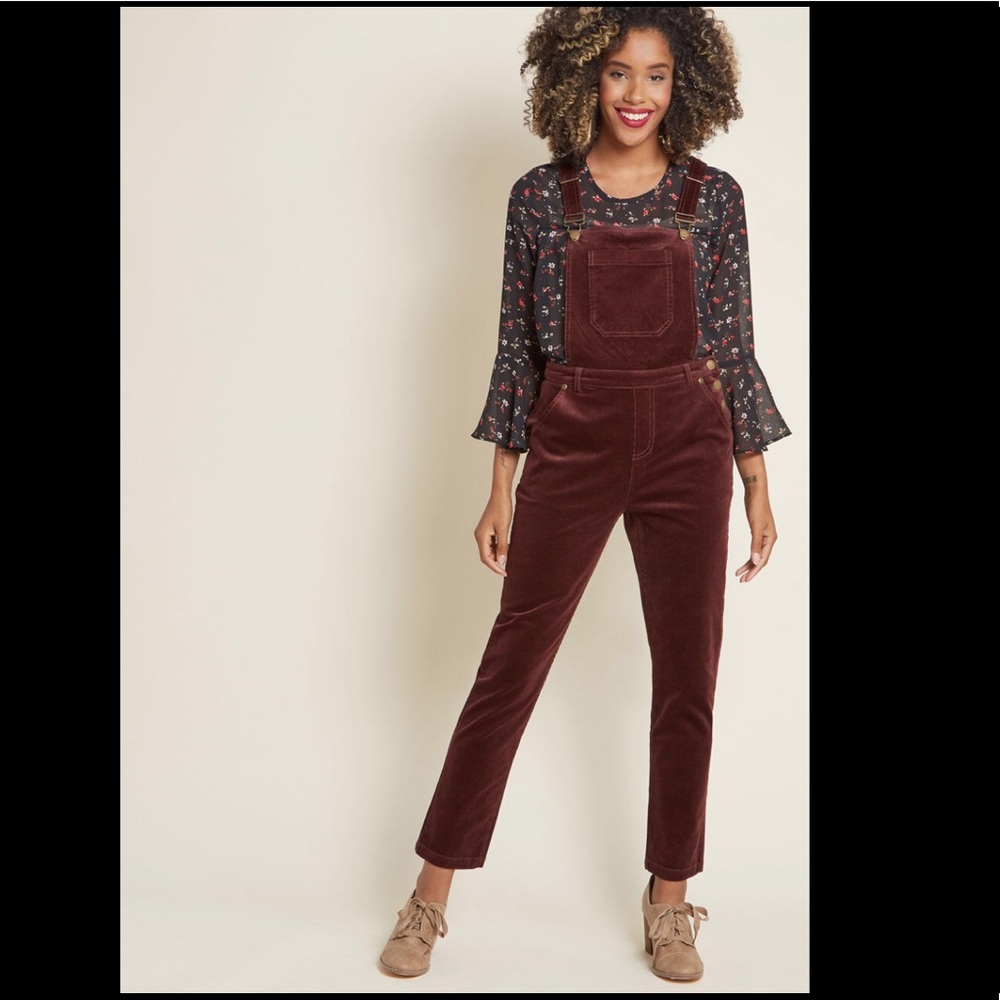 maroon brown ModCloth mod cloth overalls corduroy